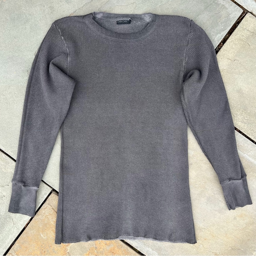 Vintage 90s Overdyed Black Grey Reworked Waffle Knit Thermal